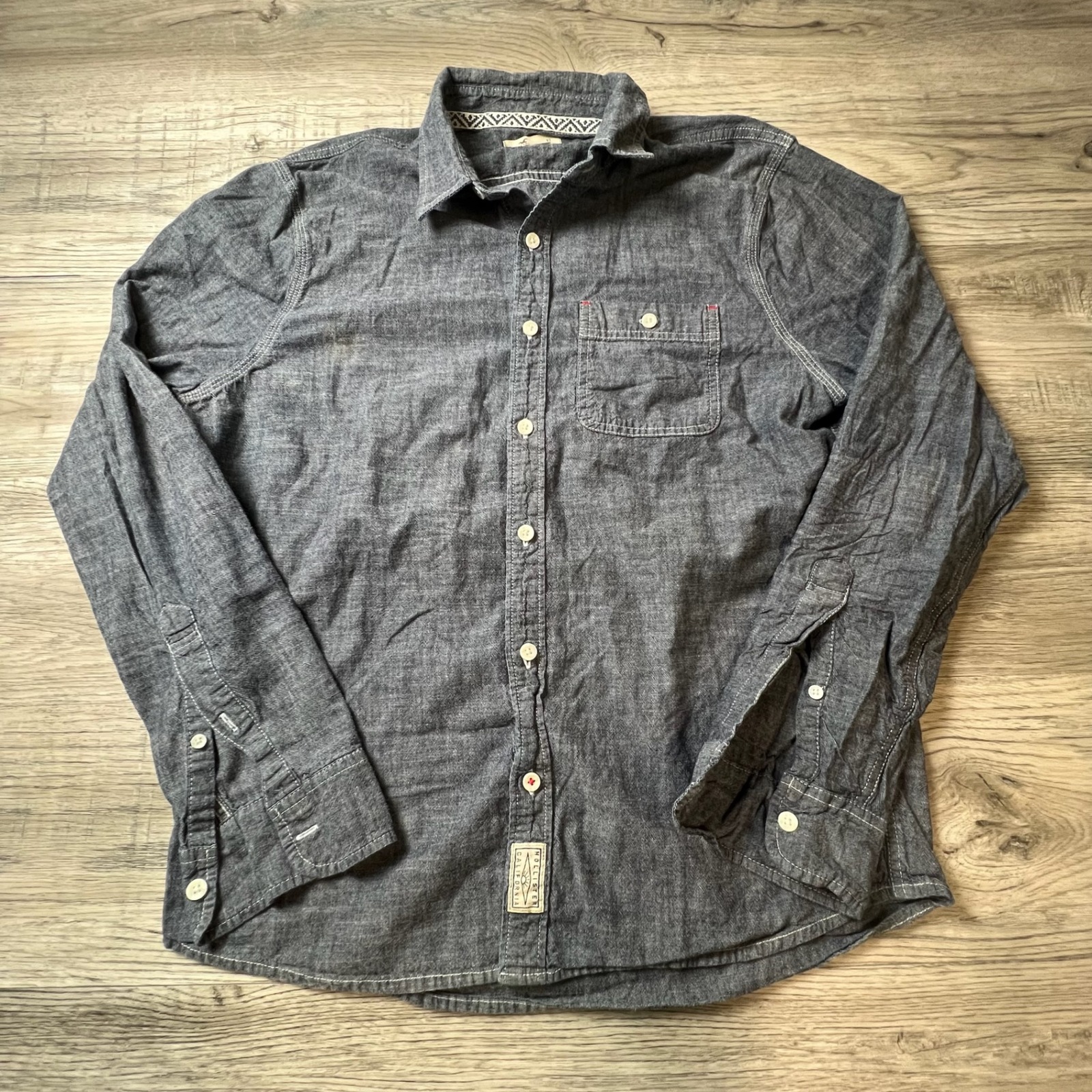 Hollister Button Down Shirt Mens Xl Grey Chambray Long Sleeve Cotton Casual T91